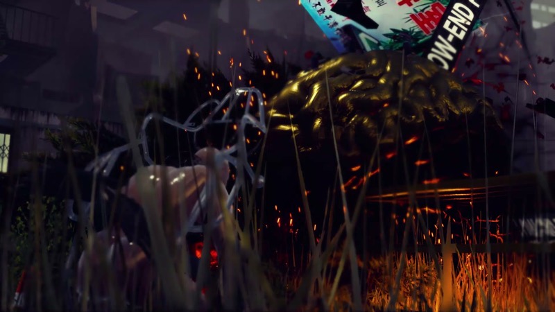 A BRAVE NEW WORLD film still: bicycles and a gold figure inside a constructed scene