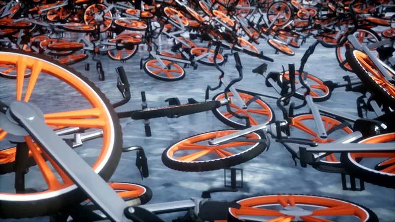 Film still: a synthetic world crowded with orange shared bicycles