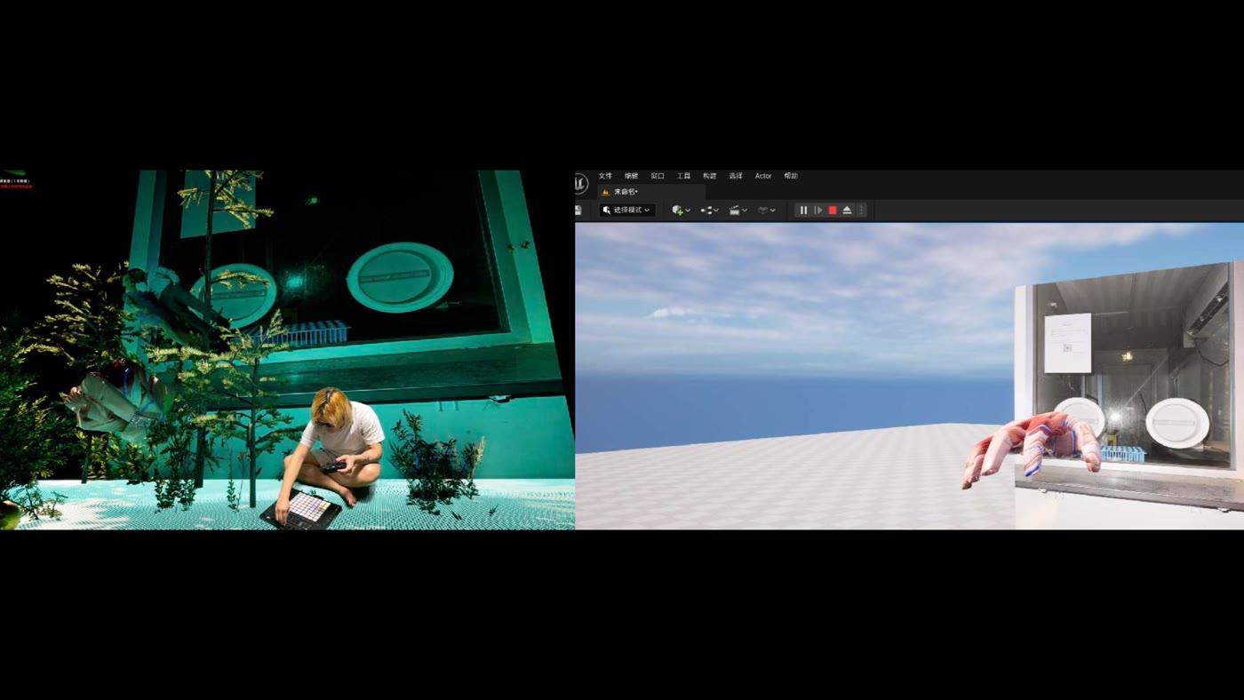 Production image and game-engine reconstruction of the booth and hand
