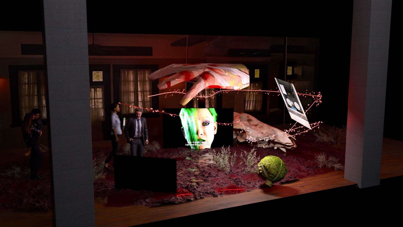 Unrealised gallery-installation proposal with a giant hand and physical scenery